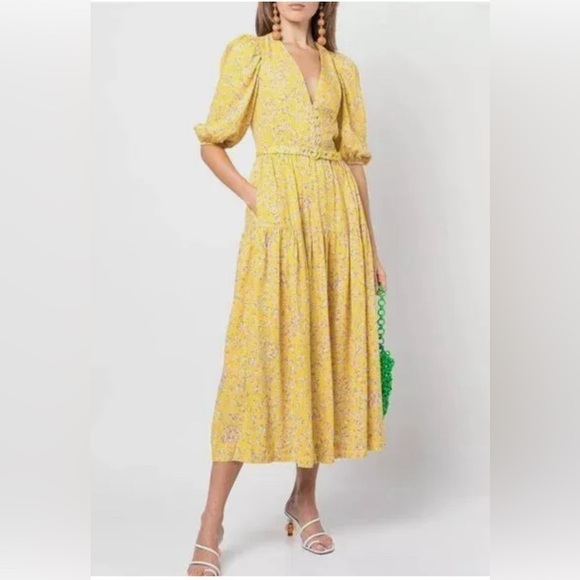 Nicholas Celie Midi Dress Hastings Floral Yellow Linen Dress Cottagecore - Picture 16 of 16